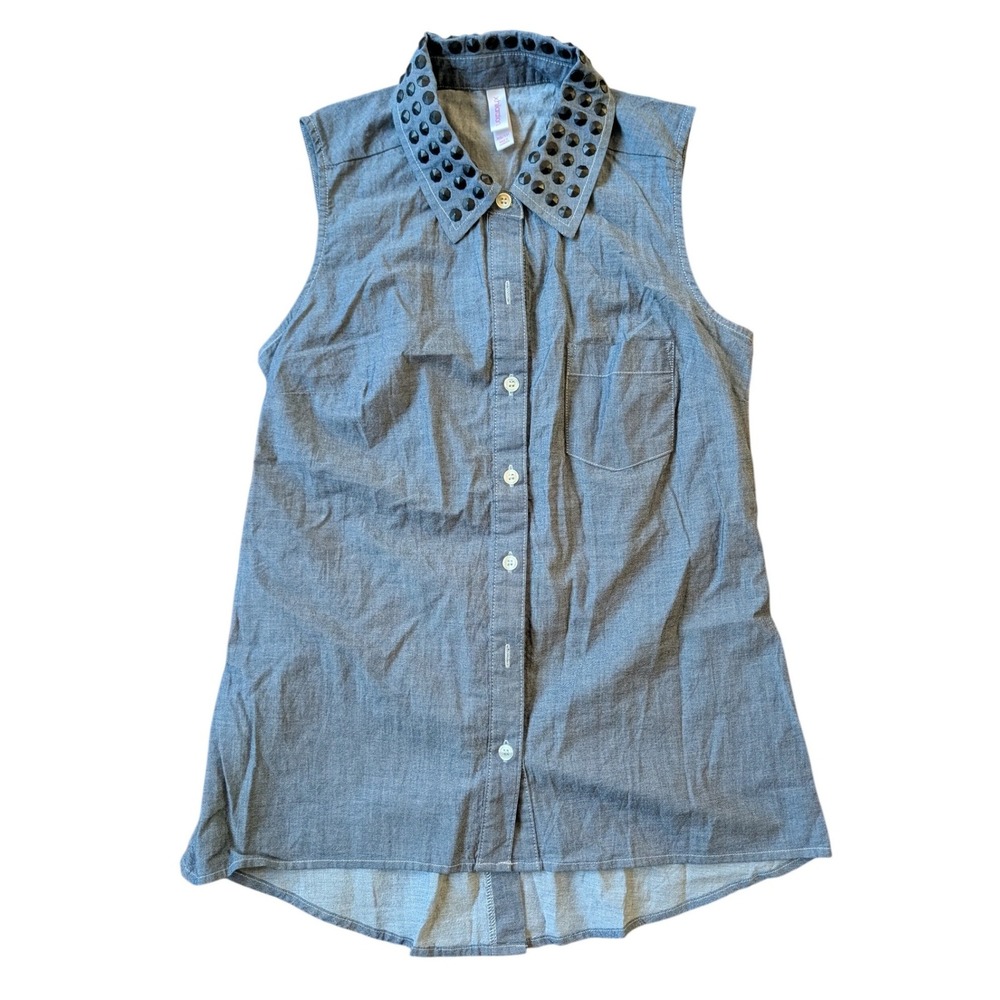 Y2K Xhilaration Studded Collar Sleeveless Chambray Shirt Blue Women's XS Button
